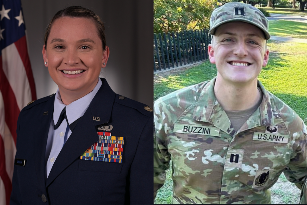 Headshots of USC students Kasey Vaughn and Sage Buzzini in military uniforms. Here's how you can balance a military career with an online graduate degree.